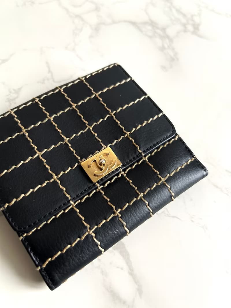 稀有中古二手Chanel黑色外縫線金扣皮革短夾銀包錢包中古包古董包
