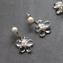 14kgf-pearl stud and white topaz flower pierced earrings