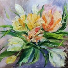 春天鬱金香原畫鮮豔的色彩綻放花束歡快的藝術