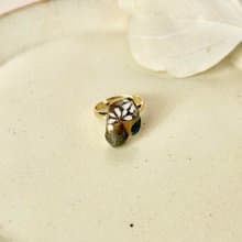 京焼　金継ぎ  リング　14K コーティング  フリーサイズ 　花柄　アパタイト　グリーンルチルクォーツ　天然石　伝統工芸　No.66