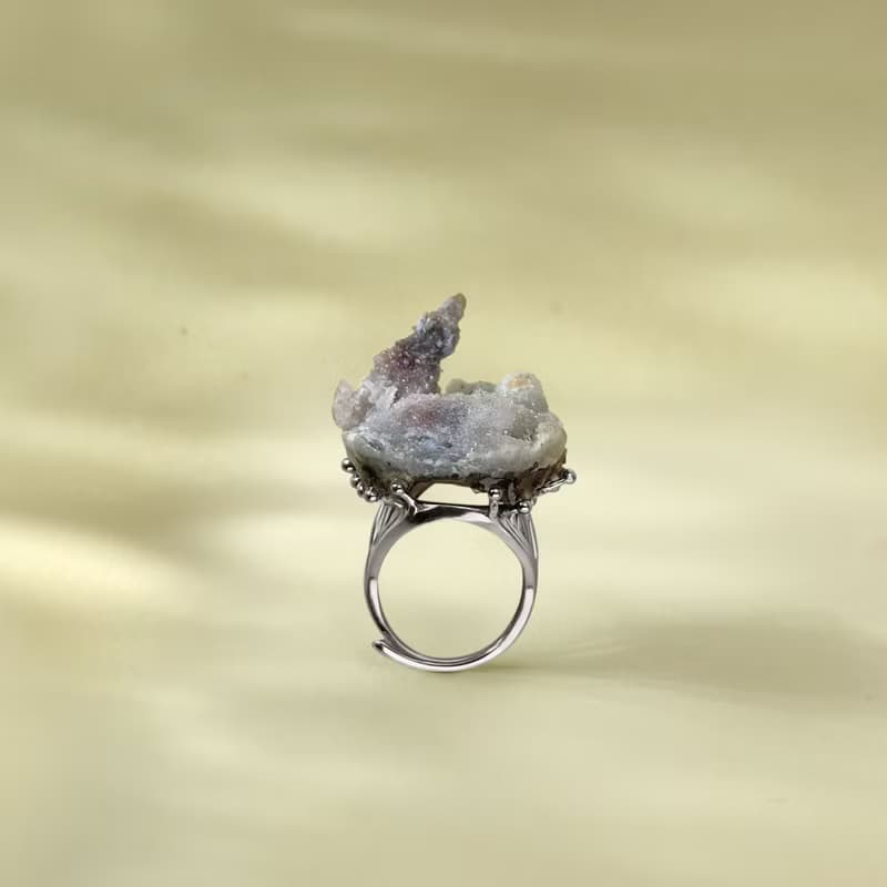 紫灰色瑪瑙活口戒指 隨形原石標本 異象晶洞星光手工指環 S925銀