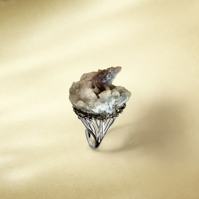 紫灰色瑪瑙活口戒指 隨形原石標本 異象晶洞星光手工指環 S925銀