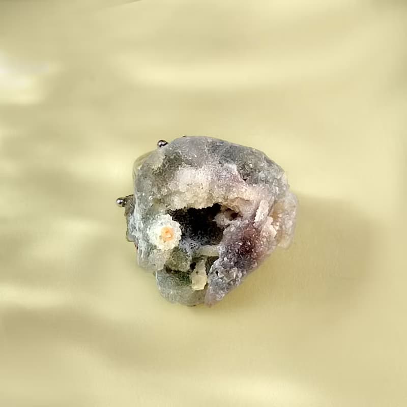 紫灰色瑪瑙活口戒指 隨形原石標本 異象晶洞星光手工指環 S925銀
