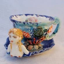 Tea cup and saucer set Porcelain art ,Marine theme Tea set with decor