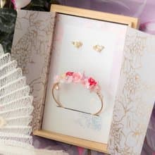 情人節套裝 : 鍍14K金愛心925純銀耳釘 及 玫瑰鍍玫瑰金花束手鐲