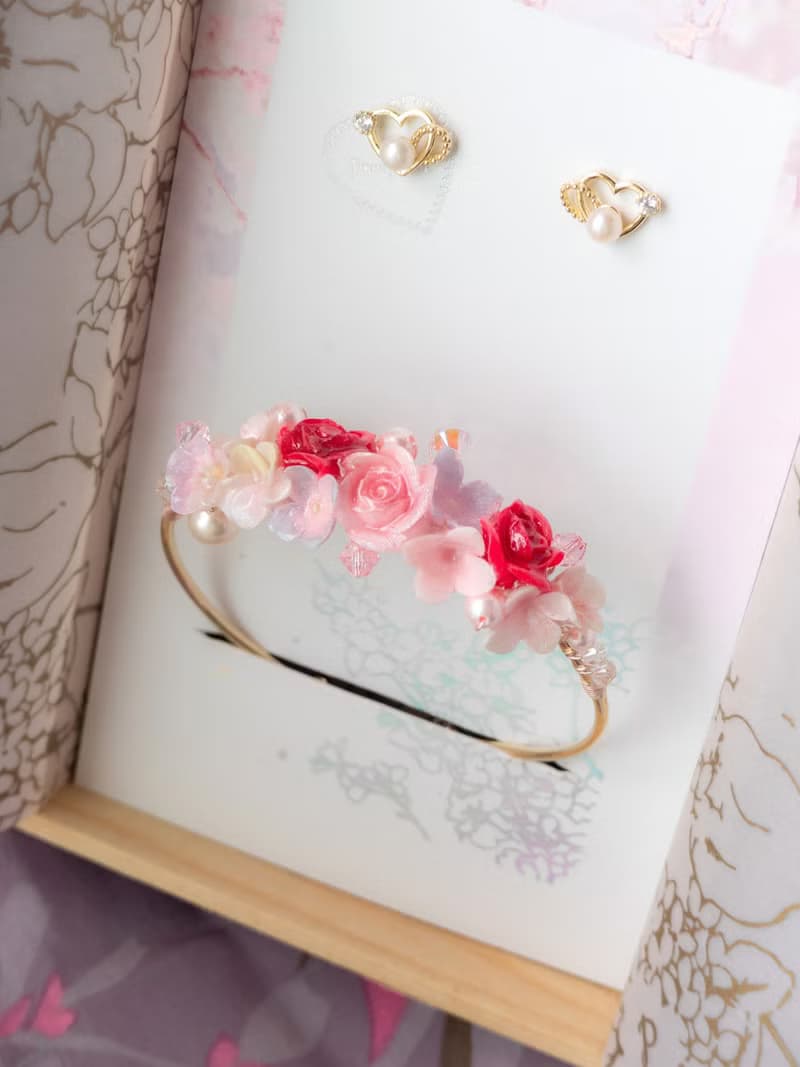 情人節套裝 : 鍍14K金愛心925純銀耳釘 及 玫瑰鍍玫瑰金花束手鐲