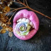 粉红色的嘴唇与彩虹玫瑰胸针