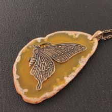 Yellow Agate Slice Necklace Slab Stone Brass Butterfly Pendant Necklace Jewelry