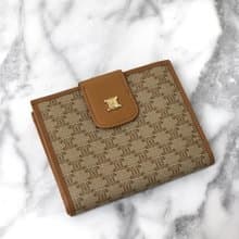 【 日本直送　名牌中古包 】CELINE セリーヌ マカダム 財布 ベージュ ブラゾン レザー 二つ折り がま口 vintage man7ur