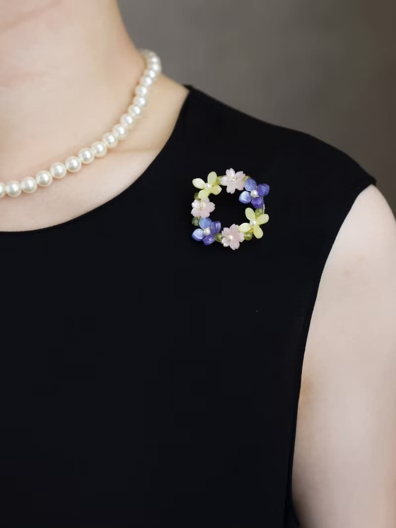 春限定【ブローチ・Sサイズ】春の花冠 パール リース・桜 菜の花 紫陽花 花畑 花束