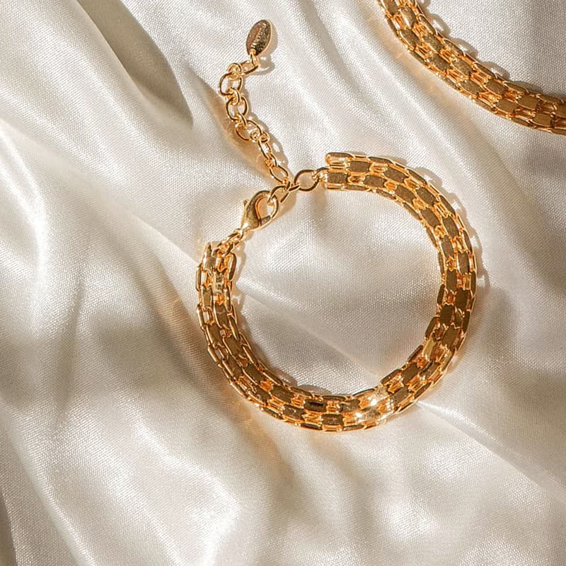 Wide Mesh Link Chain 編織造型寬鏈 手鍊/手環 黃銅鍍22K金