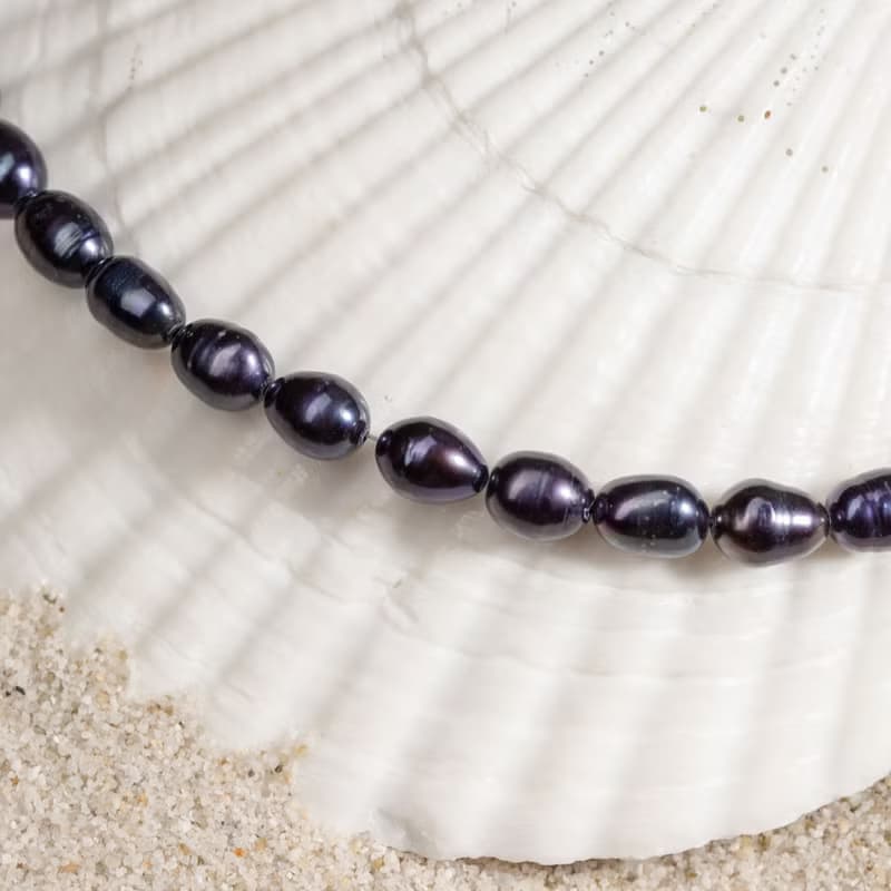 天然黑色米型珍珠項鍊 6–7mm 銀色延長鍊 簡約時尚 情人節禮物