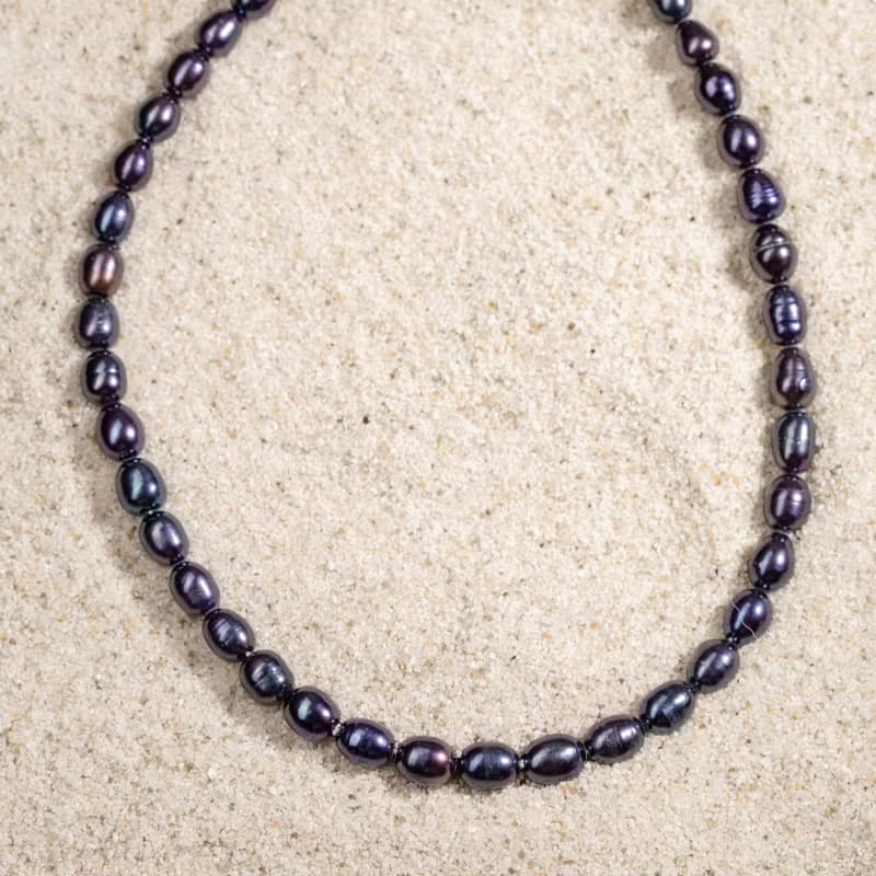 天然黑色米型珍珠項鍊 6–7mm 銀色延長鍊 簡約時尚 情人節禮物