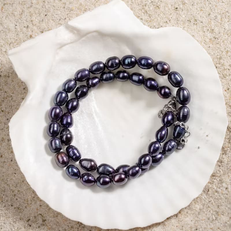 天然黑色米型珍珠項鍊 6–7mm 銀色延長鍊 簡約時尚 情人節禮物