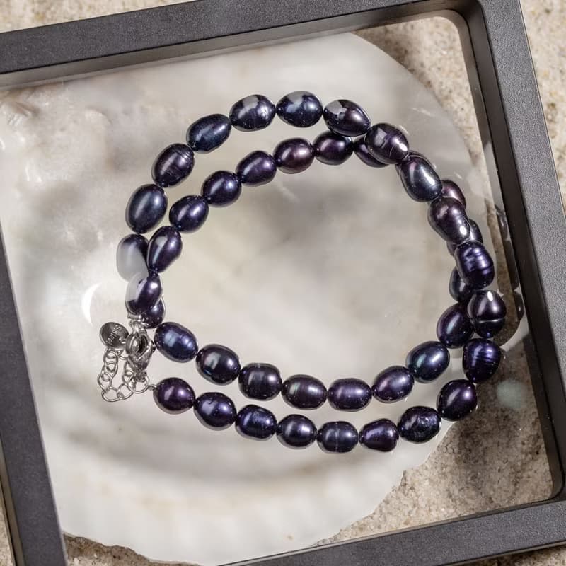 天然黑色米型珍珠項鍊 6–7mm 銀色延長鍊 簡約時尚 情人節禮物