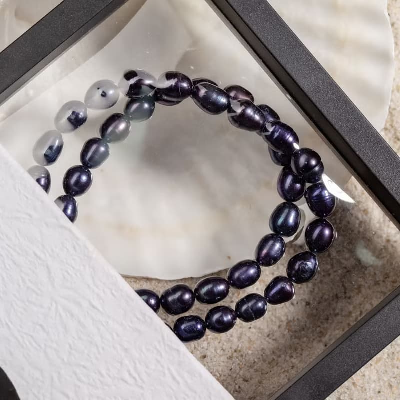 天然黑色米型珍珠項鍊 6–7mm 銀色延長鍊 簡約時尚 情人節禮物