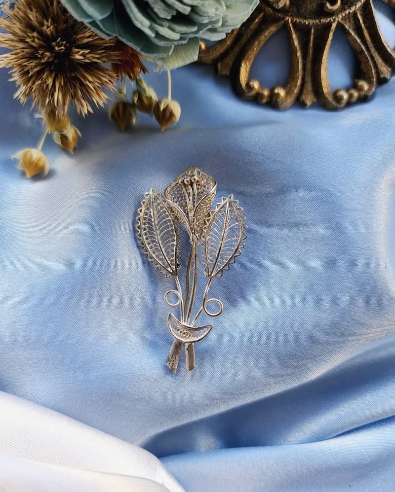 義大利手工純銀掐絲海芋花束纍絲胸針/別針vintage西洋古董飾品