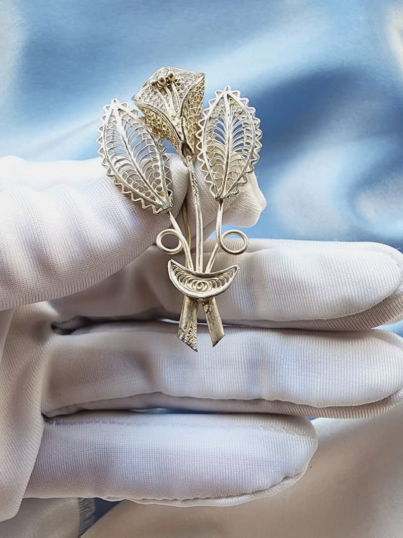 義大利手工純銀掐絲海芋花束纍絲胸針/別針vintage西洋古董飾品