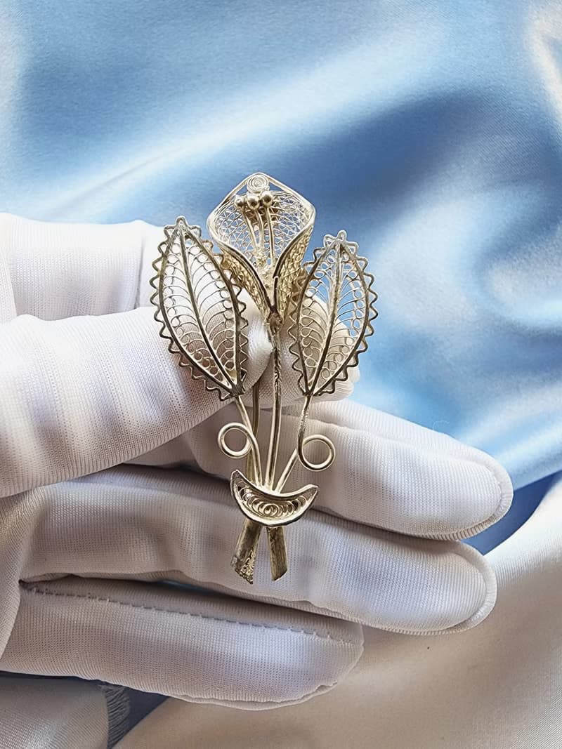 義大利手工純銀掐絲海芋花束纍絲胸針/別針vintage西洋古董飾品