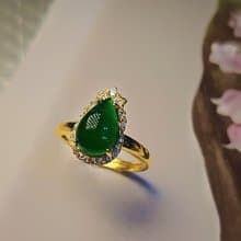 財富|高貴|A貨翡翠冰玻老坑大綠水滴11.4mm純銀鍍18k黃皇冠戒指