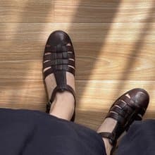 復古文青 手工做舊 羊皮 編織涼鞋 巧克力色