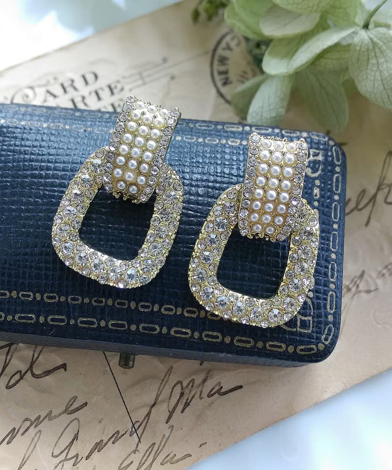 Vintage Jewelry 西洋古董飾品  門環款 珠鑽 摩登 針式耳環