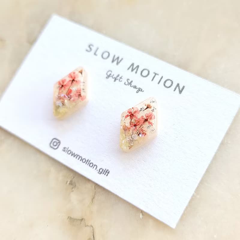 乾燥花菱形小耳環/耳夾 抗過敏醫療鋼