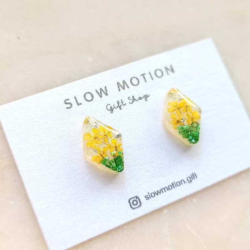 乾燥花菱形小耳環/耳夾 抗過敏醫療鋼