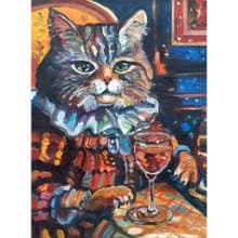 Funny Cat   with a Glass Original Art  Oil Painting  Oil On Cardboard