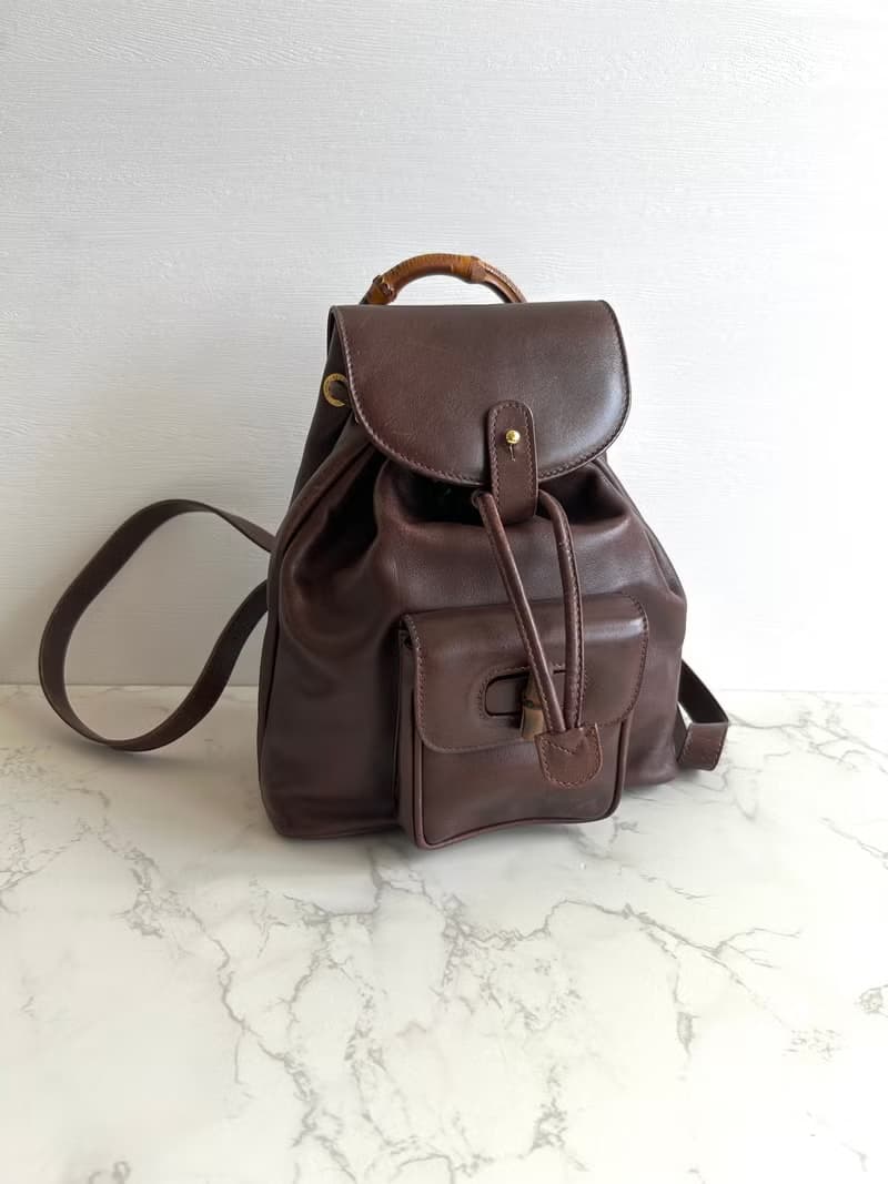 絕版古董包 GUCCI中古二手竹節咖啡色皮革包 後背包 背囊 雙肩包