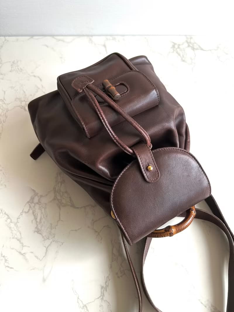 絕版古董包 GUCCI中古二手竹節咖啡色皮革包 後背包 背囊 雙肩包