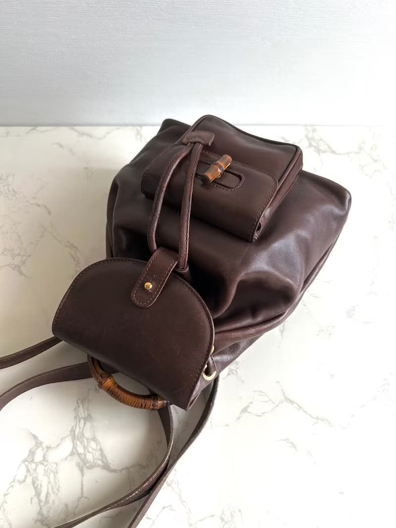 絕版古董包 GUCCI中古二手竹節咖啡色皮革包 後背包 背囊 雙肩包