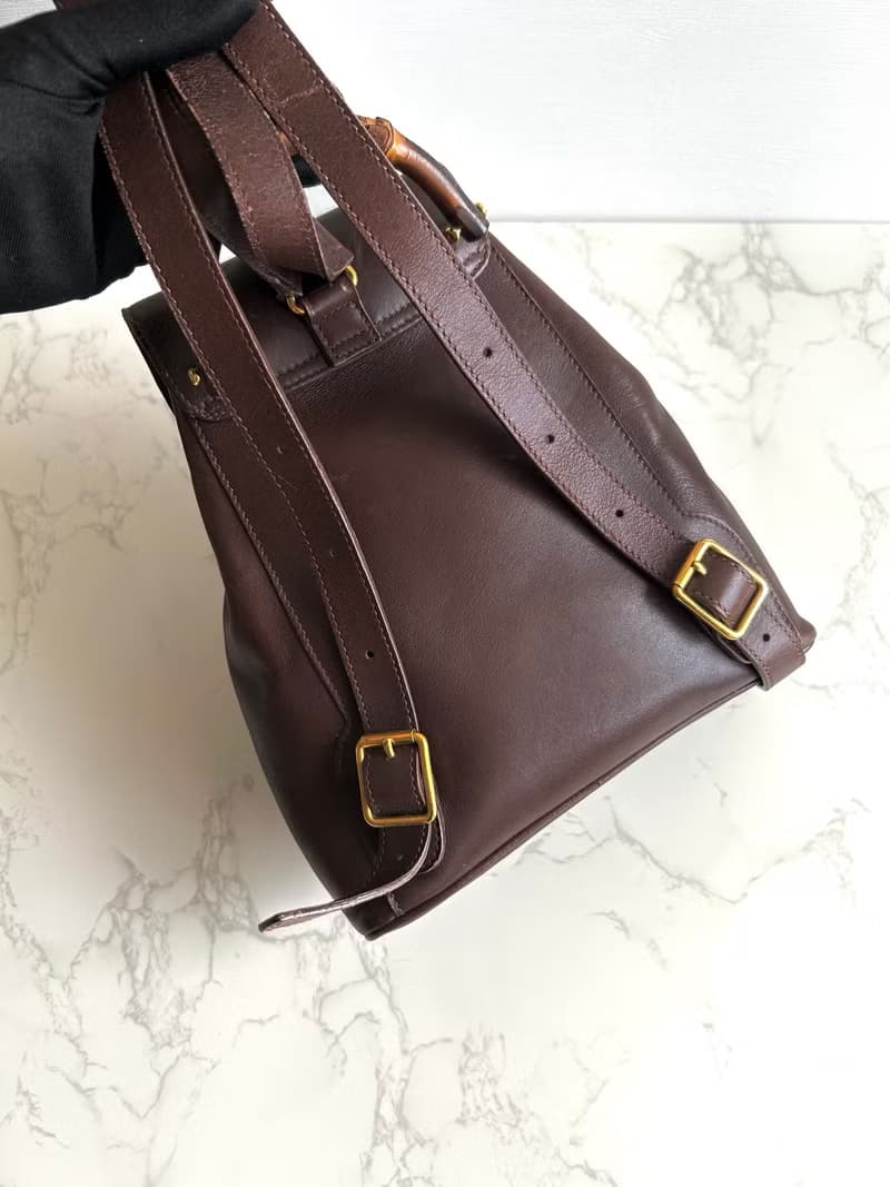 絕版古董包 GUCCI中古二手竹節咖啡色皮革包 後背包 背囊 雙肩包