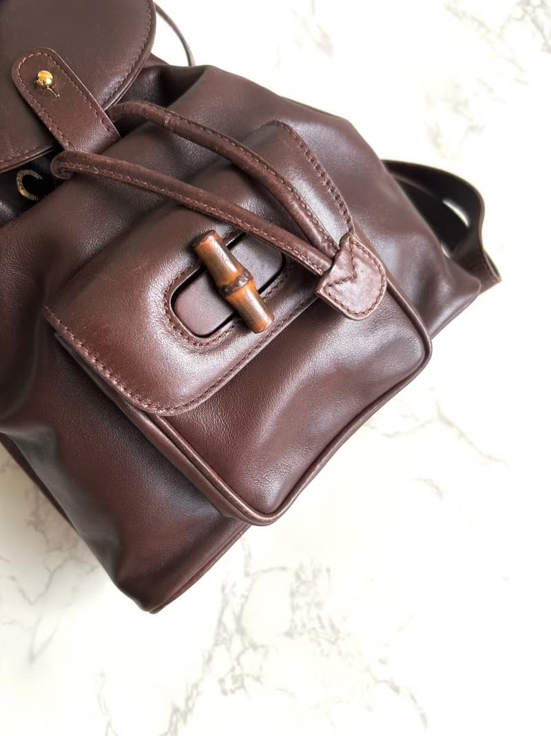 絕版古董包 GUCCI中古二手竹節咖啡色皮革包 後背包 背囊 雙肩包