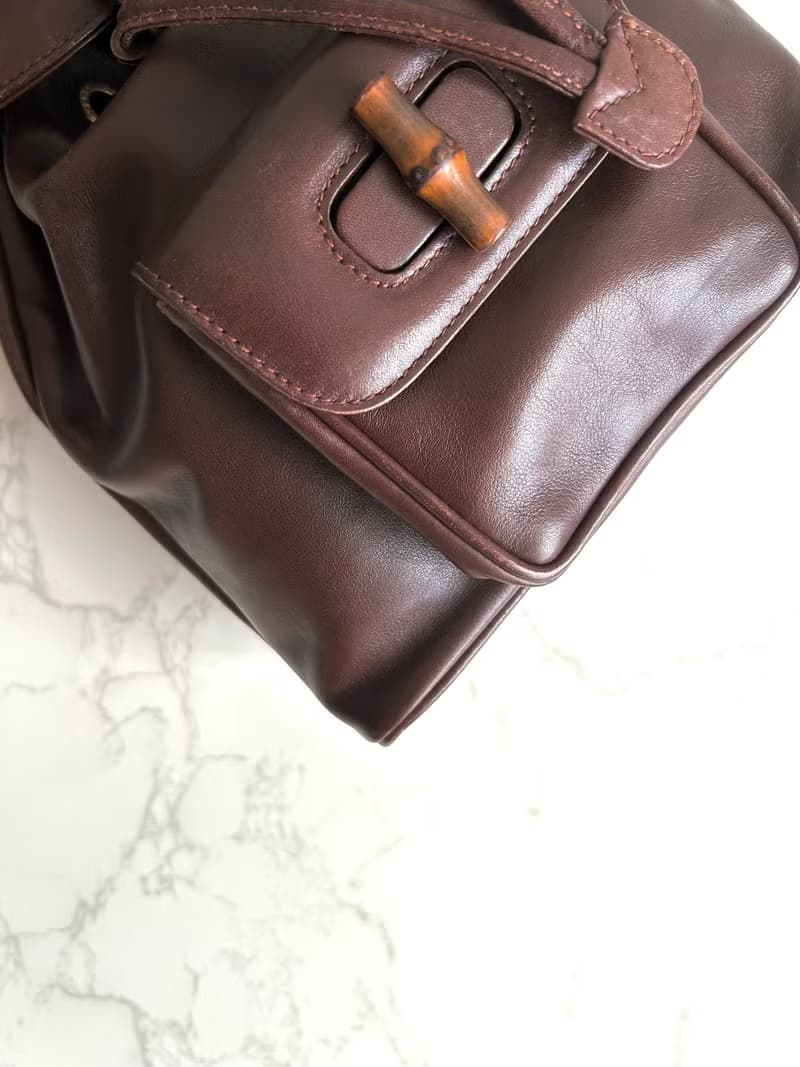 絕版古董包 GUCCI中古二手竹節咖啡色皮革包 後背包 背囊 雙肩包