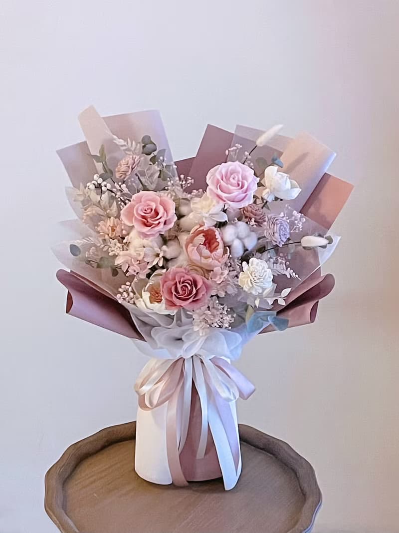 【不凋花乾燥花】情人節花束粉白色玫瑰永生花花束
