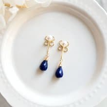 RLL.S限定 パール ラピスラズリとクローバー 本当に痛くないノンホールピアス 12月誕生石