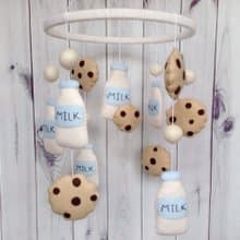 Cookies Milk Baby Mobile, Biscuit Nursery Decor, Bottle of Milk, Felt Pom Balls