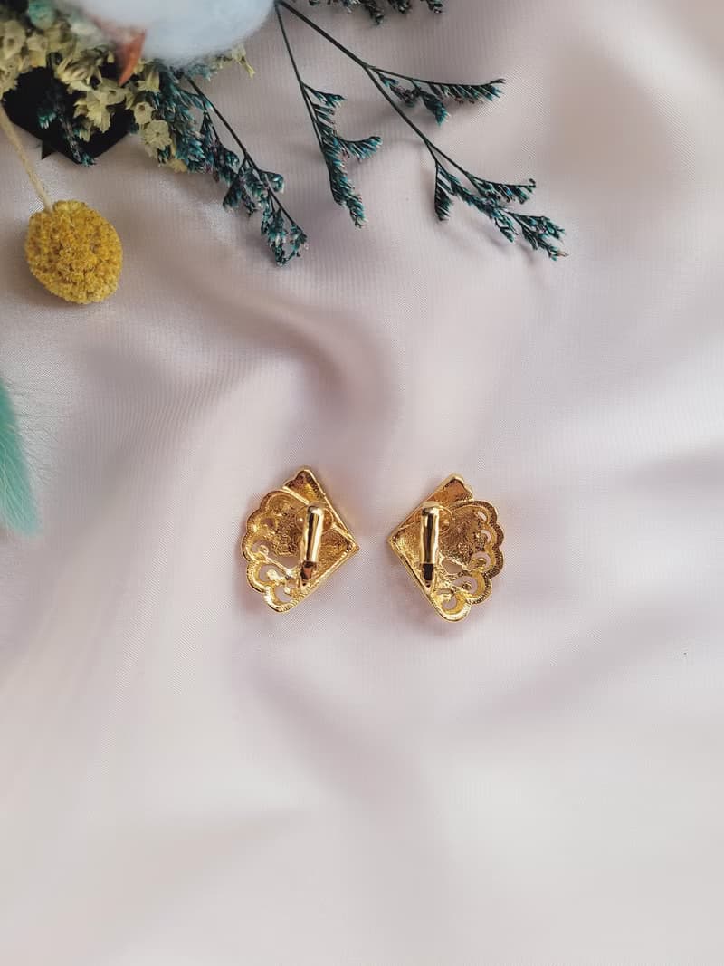 美國西洋古董飾品/法式多層雕花扇水鑽雙色夾式耳環Vintage復古