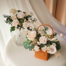 【婚禮捧花】白綠色永生花婚禮套組 (含捧花、藤編竹籃花)
