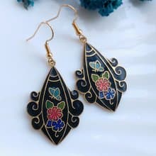 Vintage Jewelry 西洋古董飾品 黑底花卉 景泰藍 耳勾 針式耳環