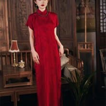 今夕 紅色古法全開襟旗袍 一片式無省民國傳統結婚訂婚新娘禮服