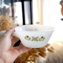 美國中古FIRE KING白玉色湯碗綠色小花圖案沙拉碗 古董玻璃餐具