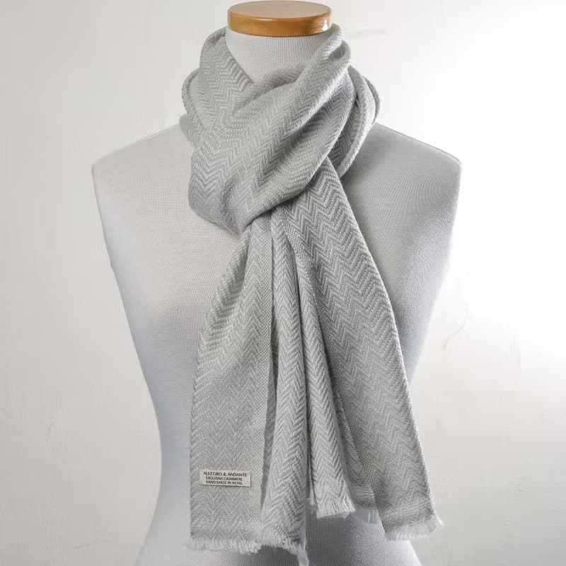【窄版】喀什米爾羊毛圍巾 細山形紋灰色 脖圍 手工機織