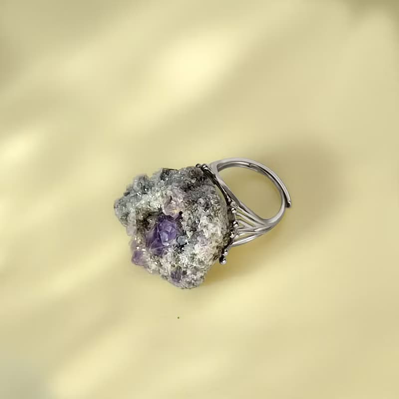 紫水晶晶洞聚寶盆 活口戒指 隨形原石標本 晶簇手工指環 S925銀