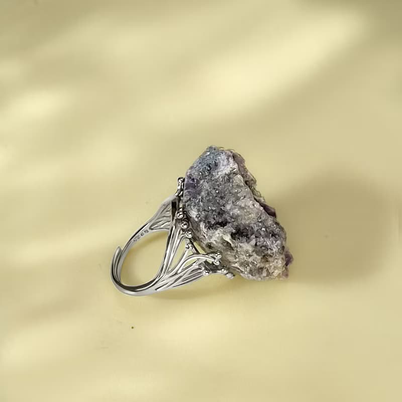 紫水晶晶洞聚寶盆 活口戒指 隨形原石標本 晶簇手工指環 S925銀