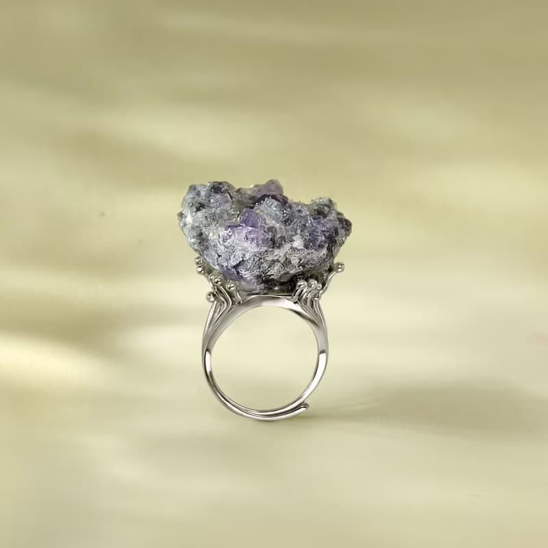 紫水晶晶洞聚寶盆 活口戒指 隨形原石標本 晶簇手工指環 S925銀
