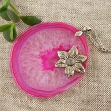 Pink Fuchsia Agate Slice Slab Silver Flower Floral Pendant Necklace Jewelry Gift