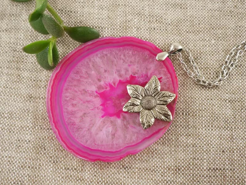 Pink Fuchsia Agate Slice Slab Silver Flower Floral Pendant Necklace Jewelry Gift