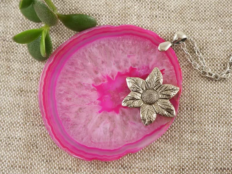 Pink Fuchsia Agate Slice Slab Silver Flower Floral Pendant Necklace Jewelry Gift